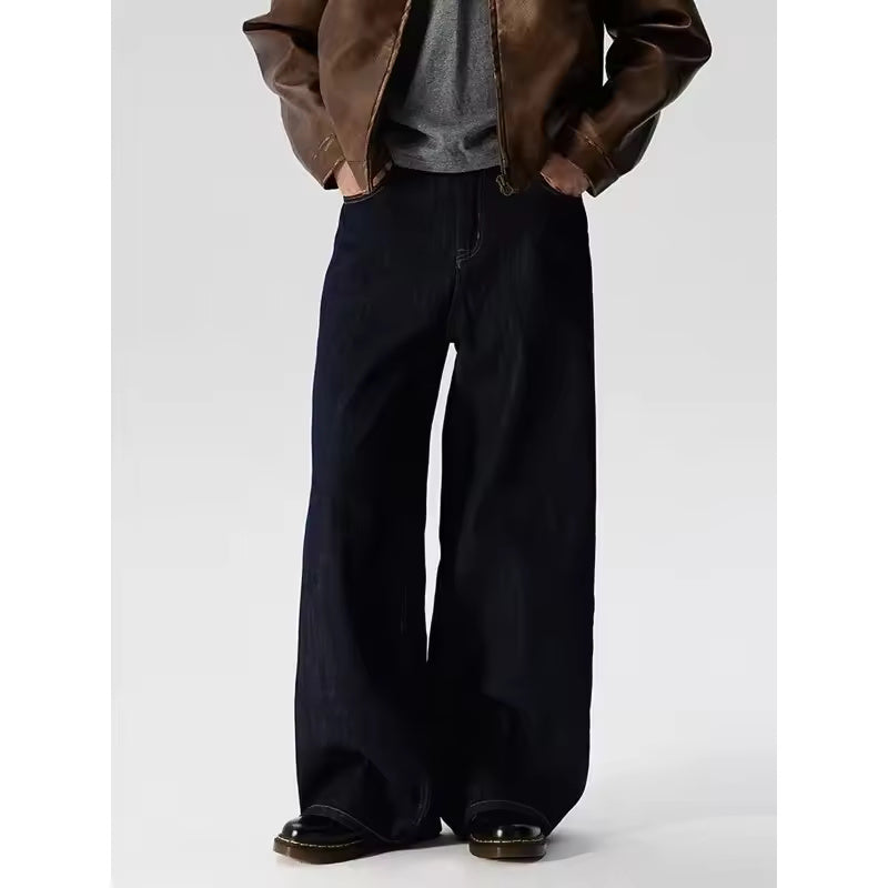 American Retro Black Washed Loose Men's Jeans Knife Shape Wide Leg Straight Cut Denim Pants Casual High End Feeling