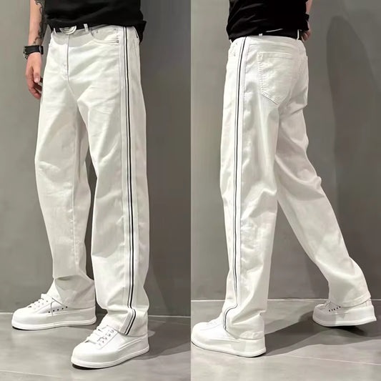 Summer Thin Fashion Men Loose White Jeans Striped Pants Casual Straight Cylinder Design Trendy Loose Style Men