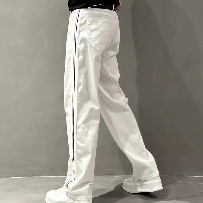 Summer Thin Fashion Men Loose White Jeans Striped Pants Casual Straight Cylinder Design Trendy Loose Style Men