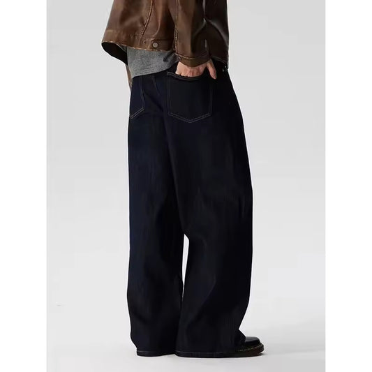 American Retro Black Washed Loose Men's Jeans Knife Shape Wide Leg Straight Cut Denim Pants Casual High End Feeling